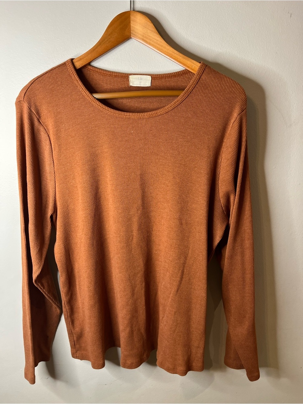 Anthropologie Long Sleeve Ribbed Crewneck Top in Burnt Orange